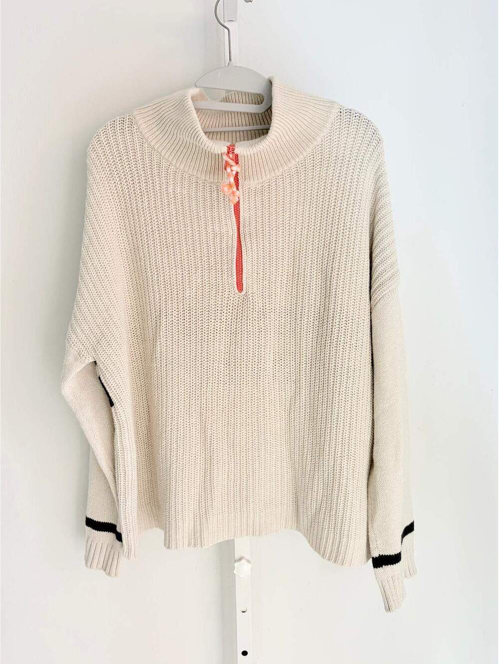Lisa Todd XL Cream Quarter Zip Ribbed Knit Sweater Coral Zip Cozy Pullover - Picture 2 of 12
